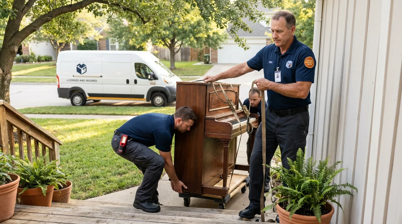 Licensed piano movers securing grand piano in Pierz, MN